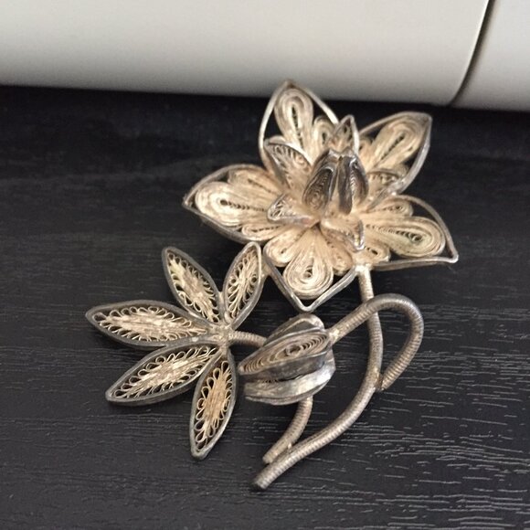 VINTAGE PERU 1890s SILVER 925 FLOWER BROOCH - Picture 3 of 6